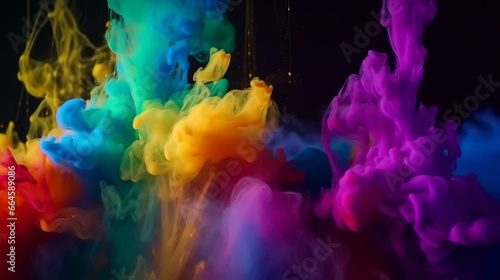 Clubs of multicolored neon smoke, ink. An explosion, a burst of holi paint. Abstract psychedelic color paint background. AI generated.