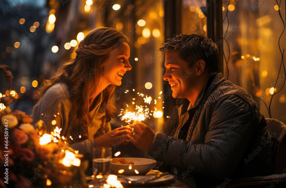 Young couple  joyfully converse and laugh in the street cafe during a festive evening