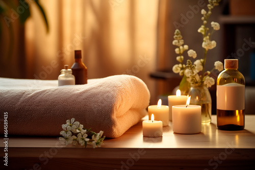 A beautiful massage room for complete relaxation. Candles, oil and towels create a wonderful relaxing atmosphere.