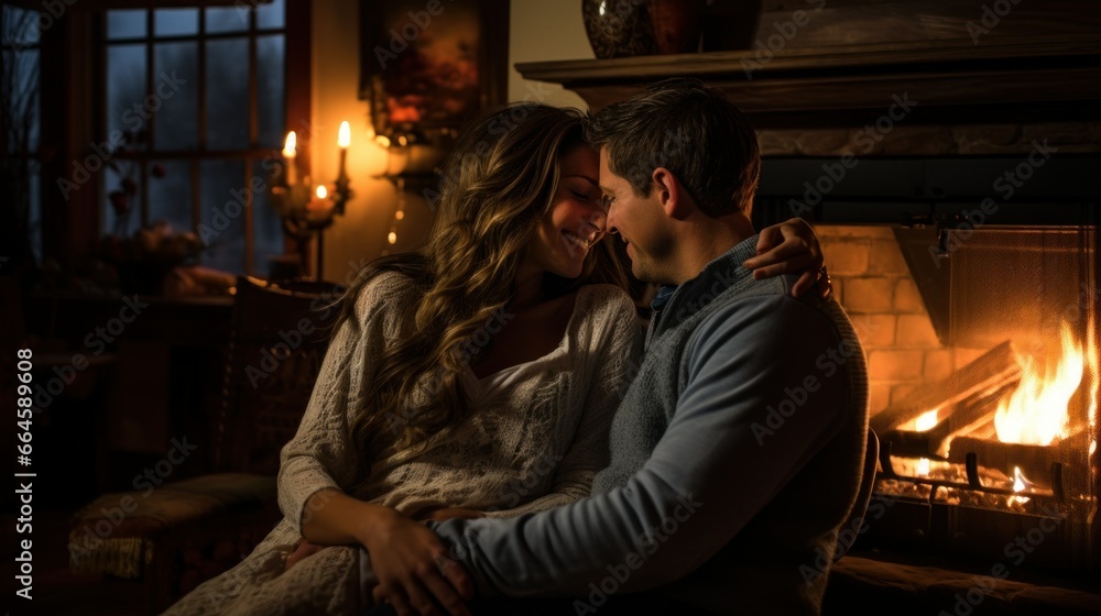 Warm Embrace: Couple's Romantic Evening by the Fireplace
