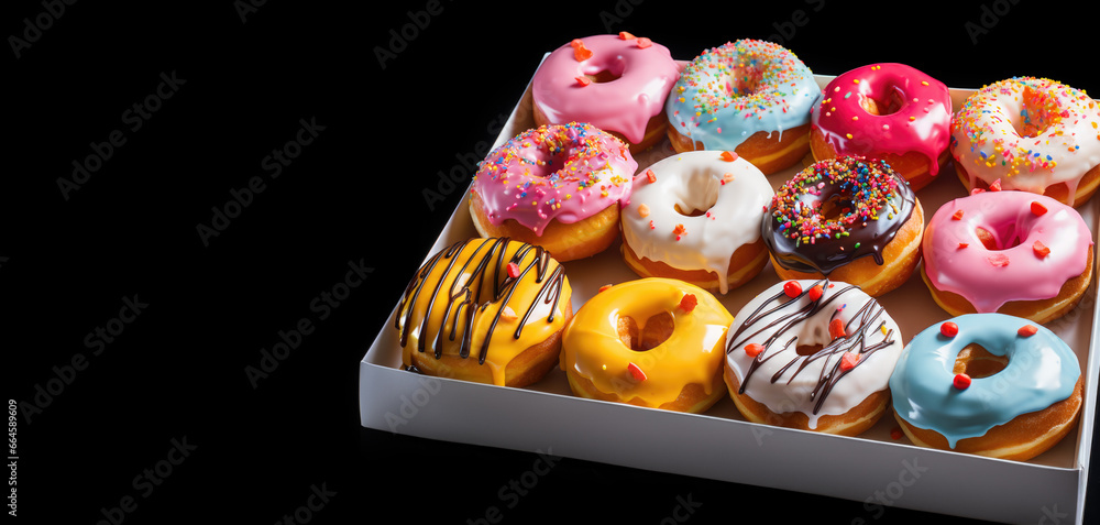 Variety of colorful donuts, freshly baked and adorned with glaze and sprinkles, are showcased in a tempting array.