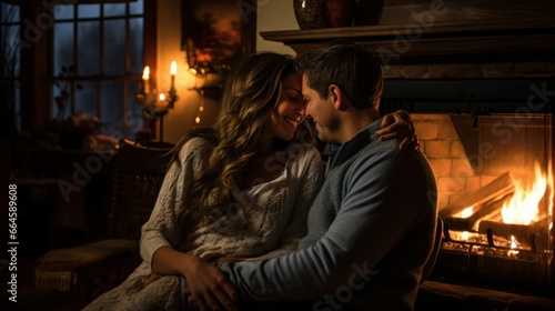 Warm Embrace: Couple's Romantic Evening by the Fireplace