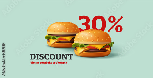 Promo banner with 3d render illustration of classic burger and double cheeseburger with beef and cheese with vegetables and white bun with sesame