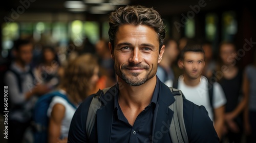 Smiling man in crowd, emanating confidence amid bustle.