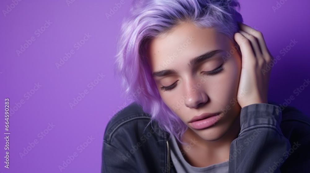 A melancholic adolescent female, isolated on a violet background, enveloped in somber thoughts, showcasing moments of sorrow. A melancholic adolescent female, isolated on a violet background, enveloped in somber thoughts, showcasing moments of sorrow.