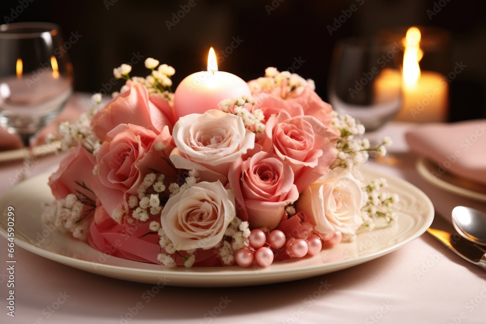Obraz premium Floral arrangement with a candle, romantic table decoration with fresh flowers