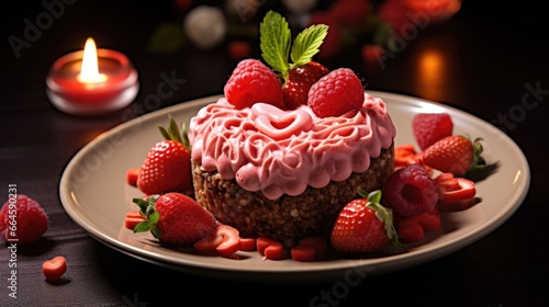Valentine's Day dessert with pink vanilla cream and fresh strawberries on a plate, sweet present photo