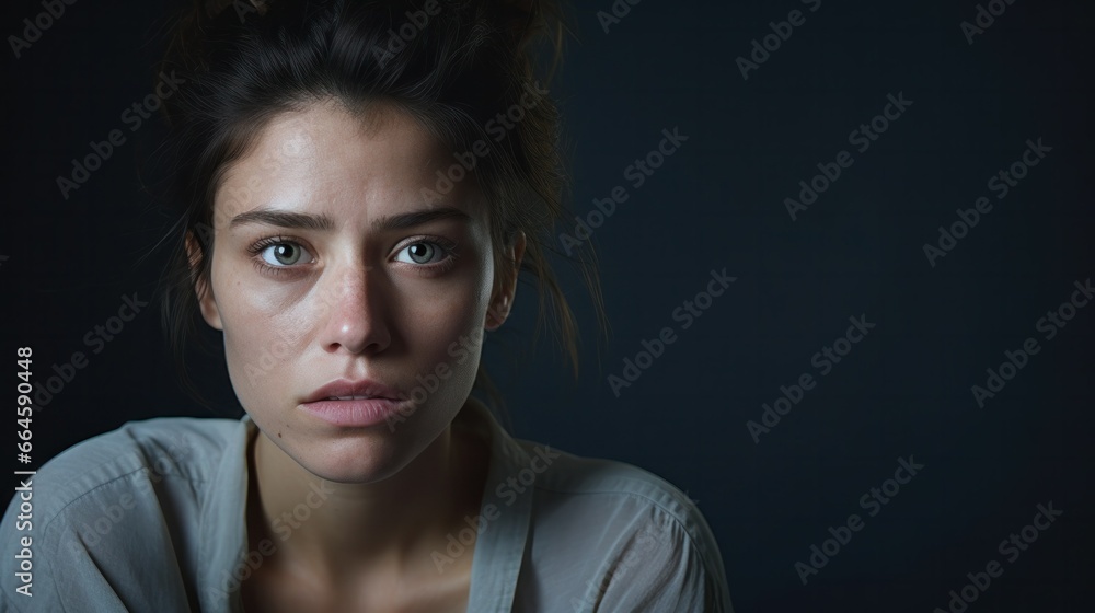 A melancholic lesbian woman, isolated on a gray background, caught in a moment of solemn reflection, portraying a deep emotional narrative.