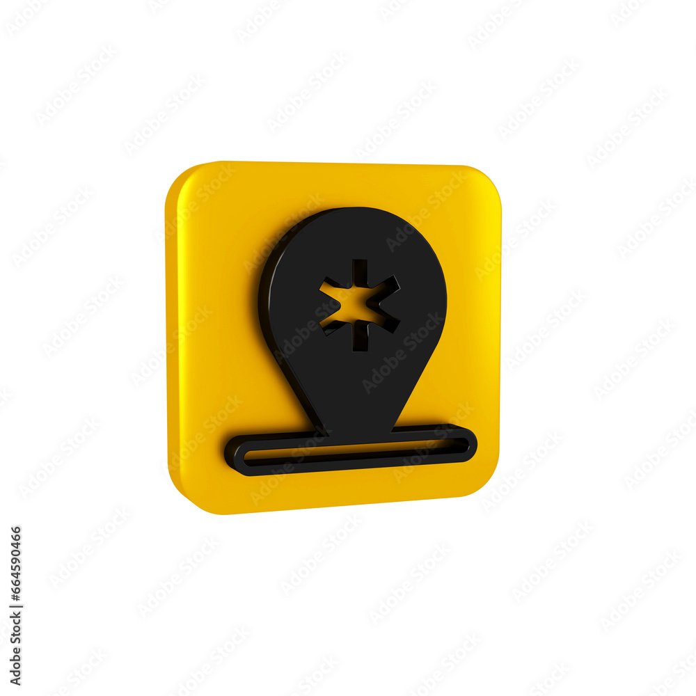 Fototapeta premium Black Medical map pointer with cross hospital icon isolated on transparent background. Yellow square button.