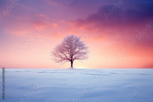 Winter landscape with lonely tree in snow at sunset.