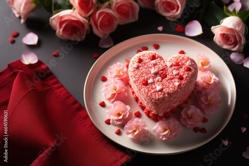 Heart shaped dessert on a white plate with sprinkles surrounded by flowers, Valentine's Day photo