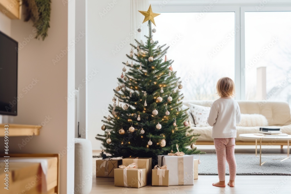 Child with their backs looking at the Christmas tree and gifts. Concept of Christmas day or three wise men day.