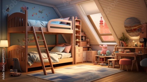 Cozy interior of child room. Natural, bright kid's bedroom interior with wooden furniture, designer accessories 