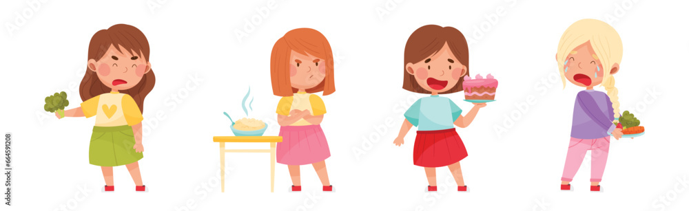 Kid Characters Showing Likes and Dislikes Towards Different Food Vector Illustration Set