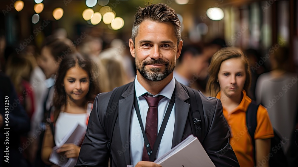 Smiling man in crowd, emanating confidence amid bustle. Smiling man in crowd, emanating confidence amid bustle.