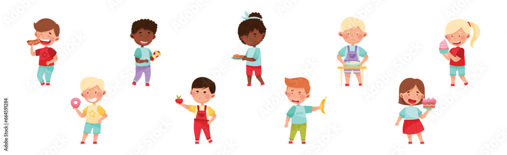 Kid Characters Showing Likes and Dislikes Towards Different Food Vector Illustration Set Kid Characters Showing Likes and Dislikes Towards Different Food Vector Illustration Set