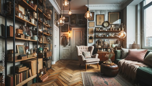 Wide-angle shot of a chic hipster apartment, showcasing eclectic decor. A cozy reading nook with a vintage armchair sits next to a shelf full of antique trinkets and books. Edison bulb lighting. photo