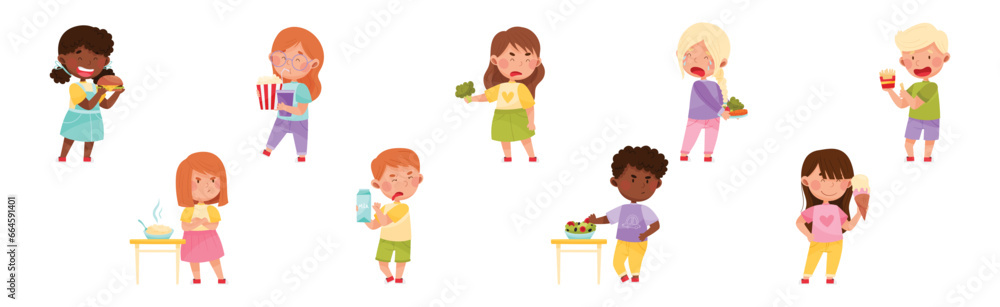 Kid Characters Showing Likes and Dislikes Towards Different Food Vector Illustration Set Kid Characters Showing Likes and Dislikes Towards Different Food Vector Illustration Set