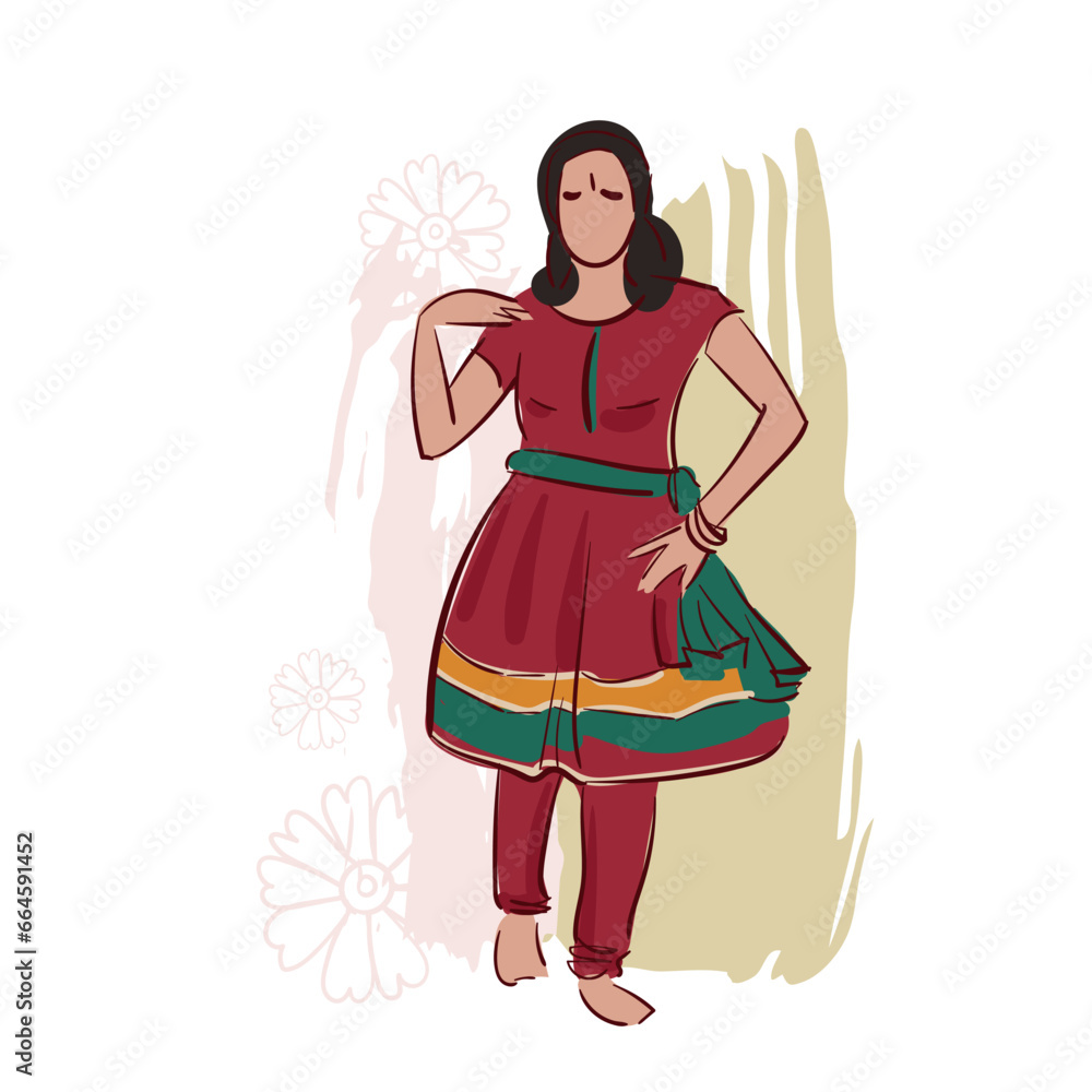 Karnataka state India ethnic indian woman girl dance traditional sketch isolated decorative