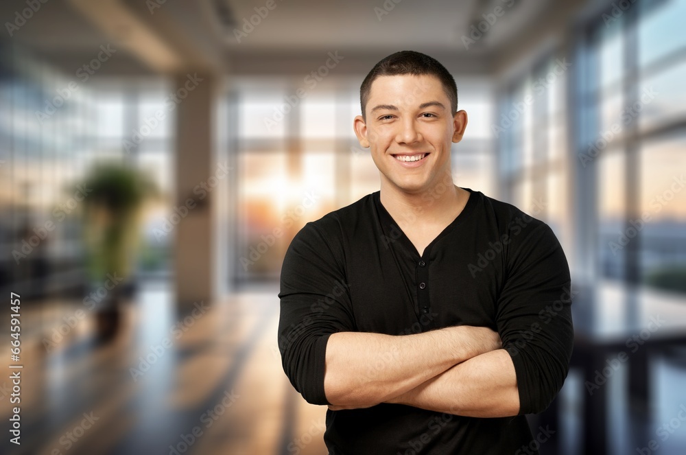 Smiling mature businessman posing in office, AI generated image Smiling mature businessman posing in office, AI generated image