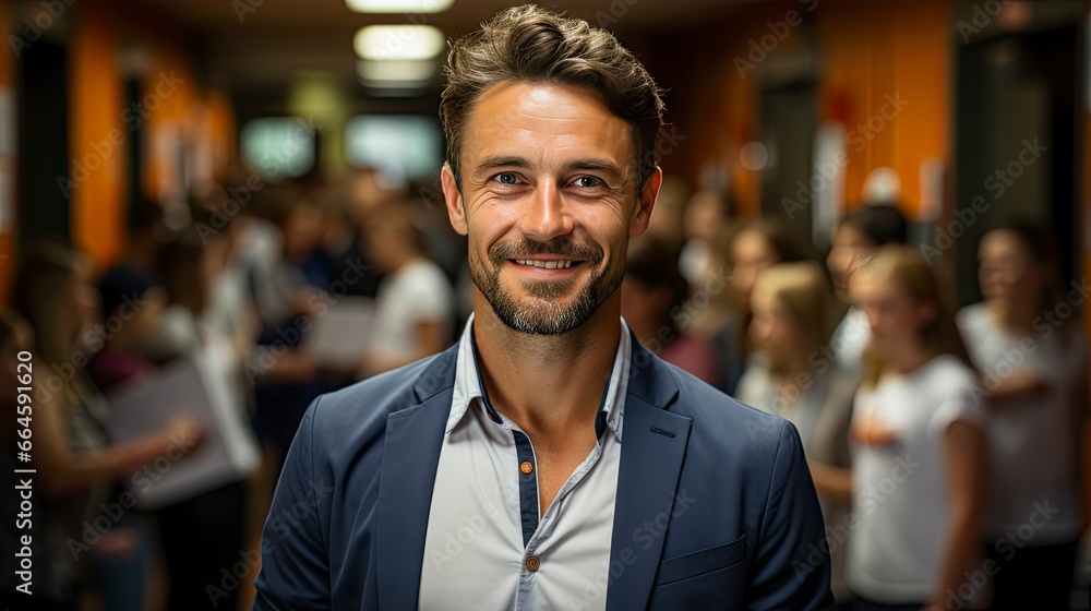 Smiling man in crowd, emanating confidence amid bustle. Smiling man in crowd, emanating confidence amid bustle.