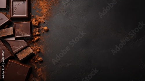 Pieces of broken chocolate with cocoa crumbs on a black marble background with space for text