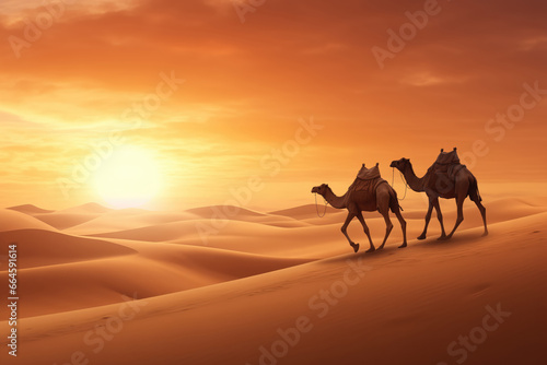 Camels caravan in the desert at sunset