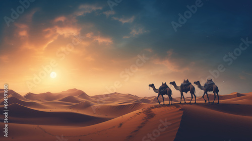 A group of walking camels in a desert sunset.