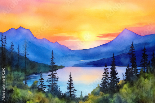 Sunset Majesty: A Watercolor Painting Capturing the Radiance of Mountains at Dusk