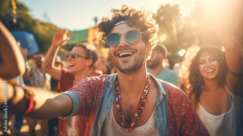 Hipster guy in sunglasses taking selfie with friends at music festival
