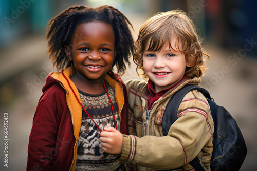Portrait of two little kids standing in the street and smiling.