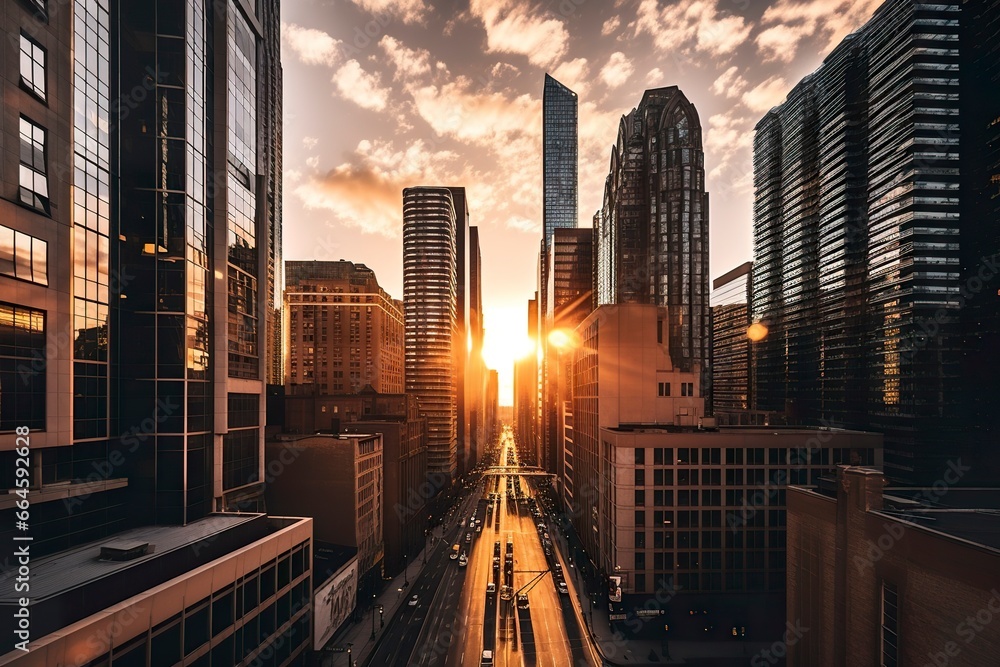A majestic city skyline during the golden hour.