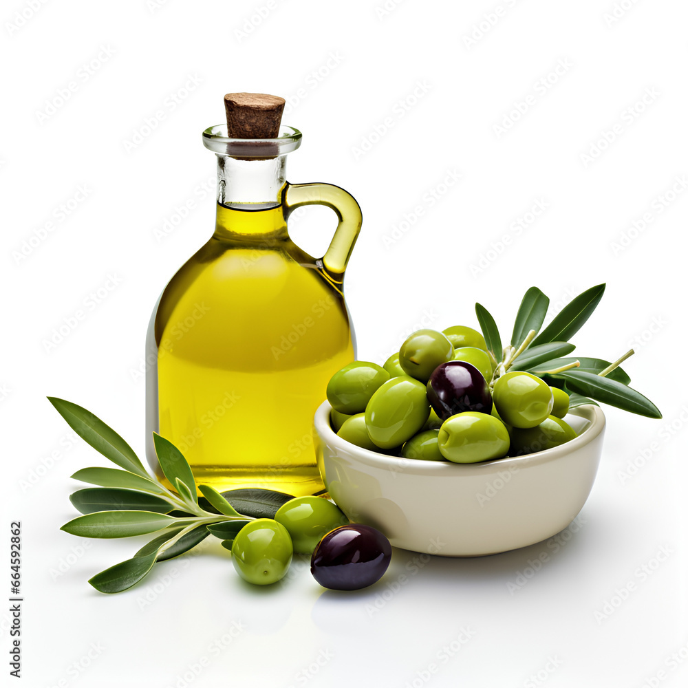 Branch with olives and a bottle of olive isolated on white background Branch with olives and a bottle of olive isolated on white background
