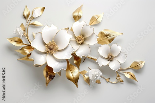 3d gold flowers white backgroung.