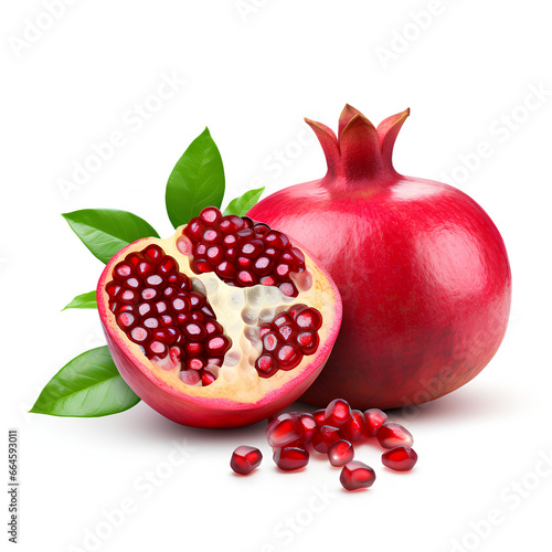 Juicy pomegranate and its half with leaves isolated on white background