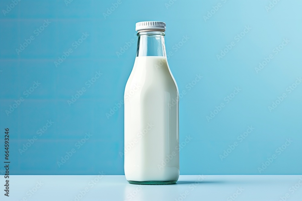 A glass bottle with full milk on blue background. A glass bottle with full milk on blue background.