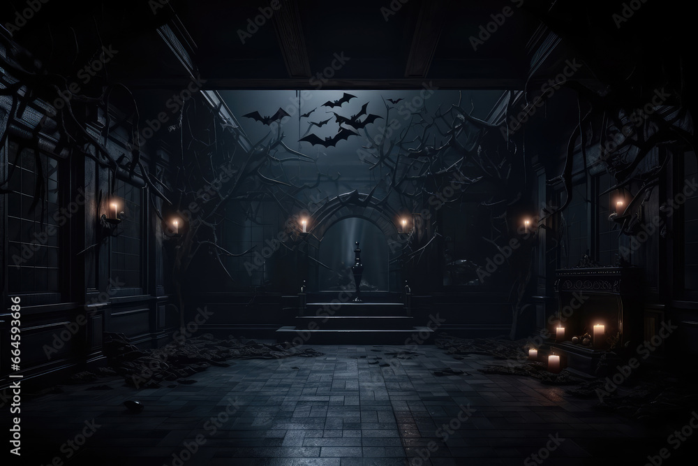 Halloween dark corridor with bats flying around. - obrazy, fototapety, plakaty 