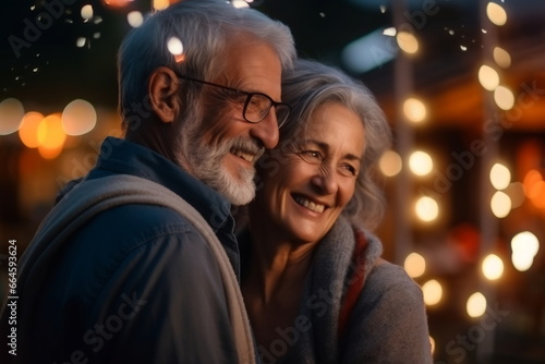 Smiling older couple hugging and kissing. Happy senior adult classy husband and wife embracing, bonding, and enjoying each other