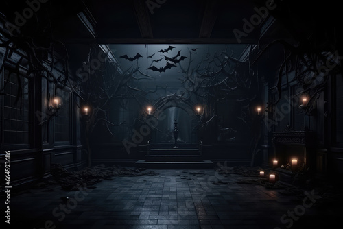 Halloween dark corridor with bats flying around.