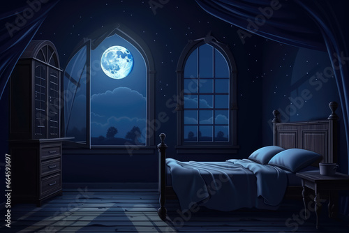 Bedroom interior at night with moonlight and window.