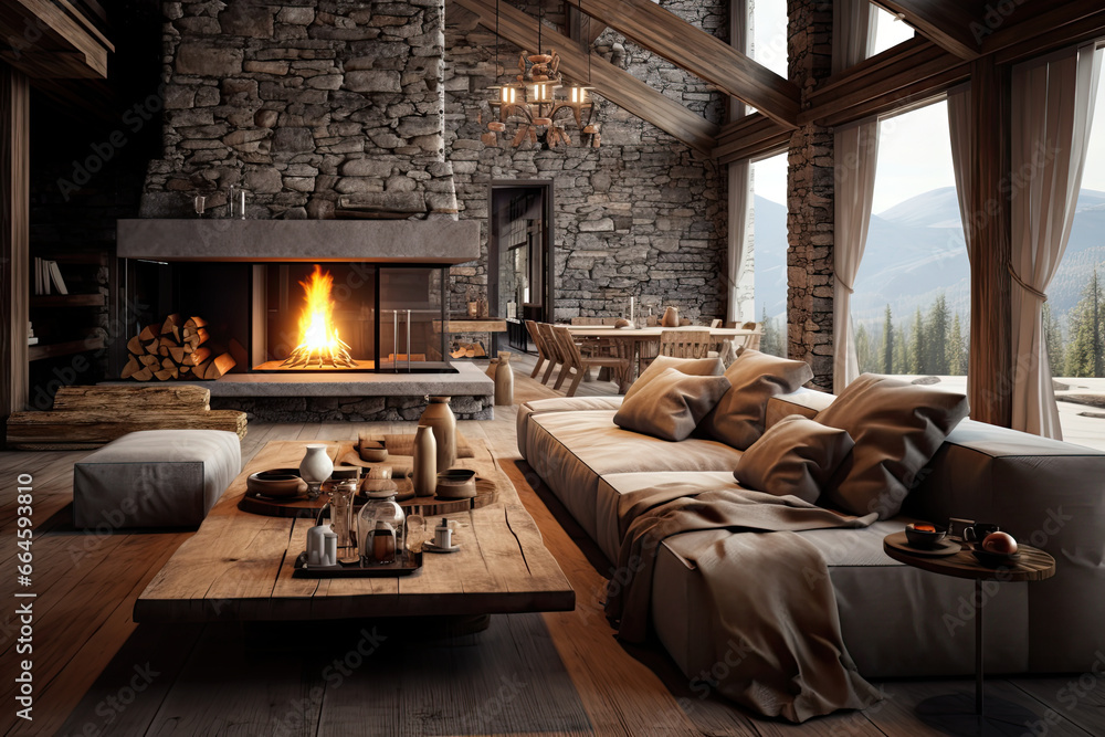 Rustic interior design of modern living room with grey sofas. Rustic interior design of modern living room with grey sofas.