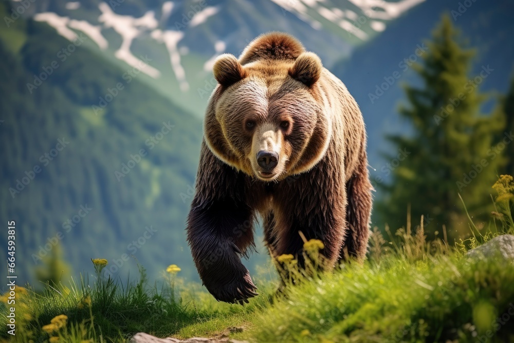 Brown bear moving on the green meadow in springtime nature. - obrazy, fototapety, plakaty 