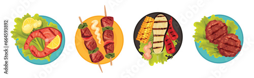 Grilled Food with Meat and Vegetables Served on Plates Vector Set