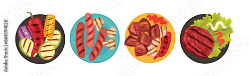 Grilled Food with Meat and Vegetables Served on Plates Vector Set