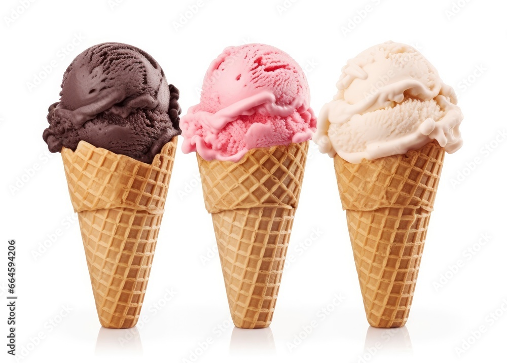 Chocolate, vanilla and strawberry Ice cream in the cone on white background. Chocolate, vanilla and strawberry Ice cream in the cone on white background.