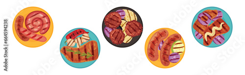 Grilled Food with Meat and Vegetables Served on Plates Vector Set