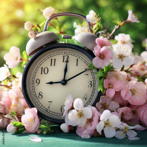 alarm clock in blooming flowers on spring background. ai generative