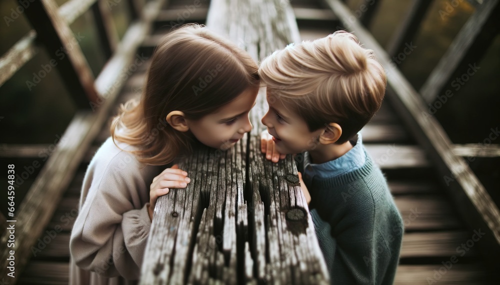 Two children spend time happily on an old wooden bridge.