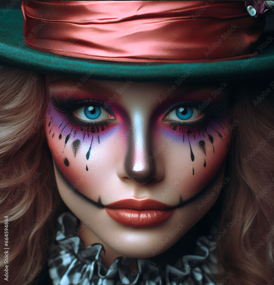A close up of a person wearing a hat, female mad hatter, AI generated A close up of a person wearing a hat, female mad hatter, AI generated