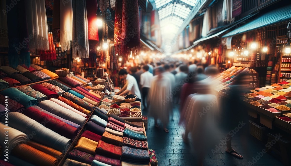 Image that captures the lively atmosphere of a bustling market scene.